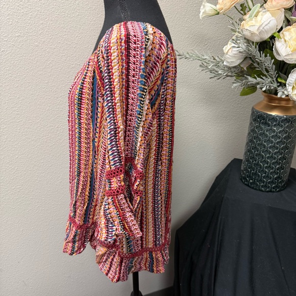 Hannah Boho Ruffle Peasant Blouse Multicolor Stripe Crochet Trim L - Picture 2 of 7